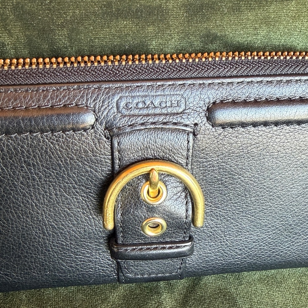 Like New- Coach Black Leather Zip-Around Wallet with Gold Buckle Accent. - Picture 2 of 6